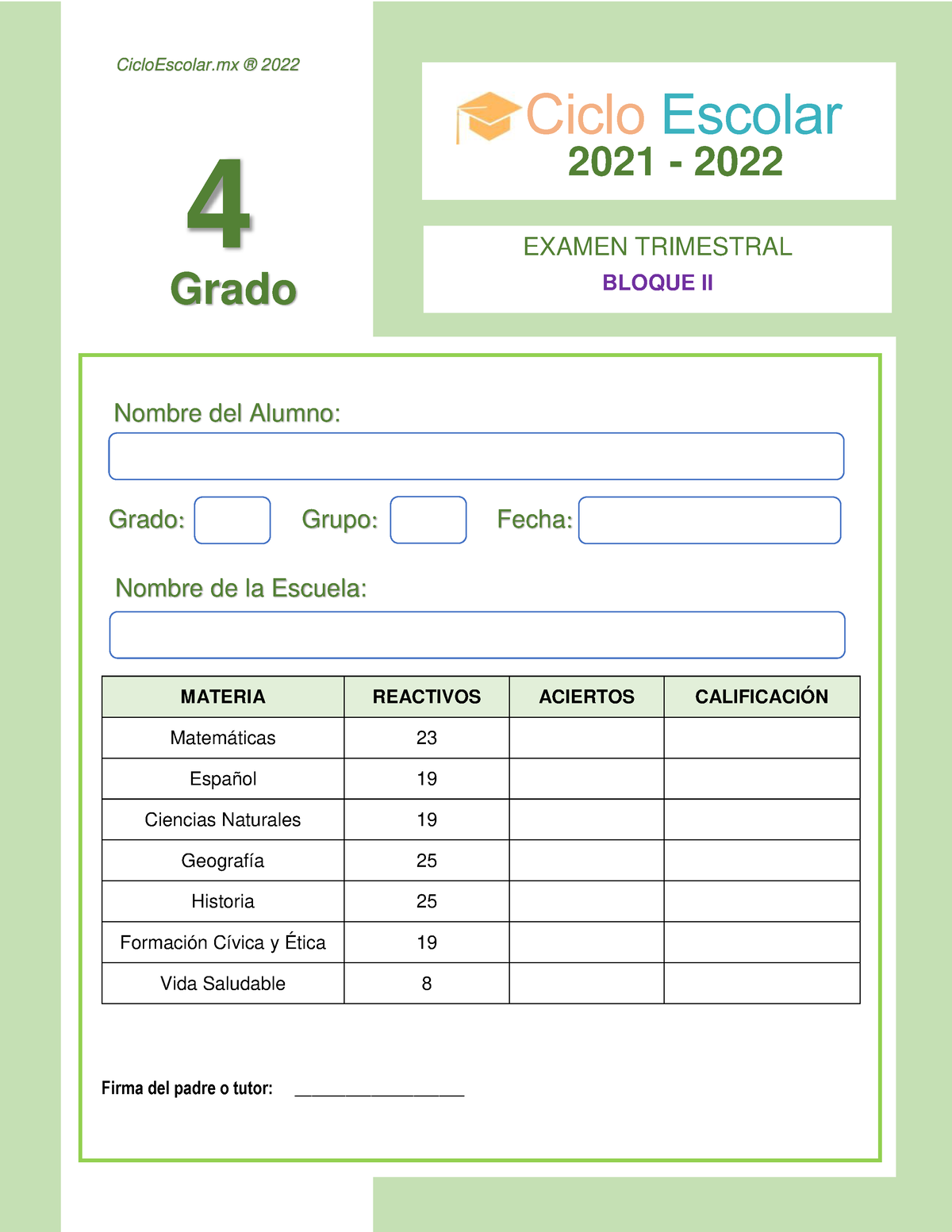 Examen Trimestral Cuarto Bloque 2 2021 2022 - 4 ####### Nombre Del ...