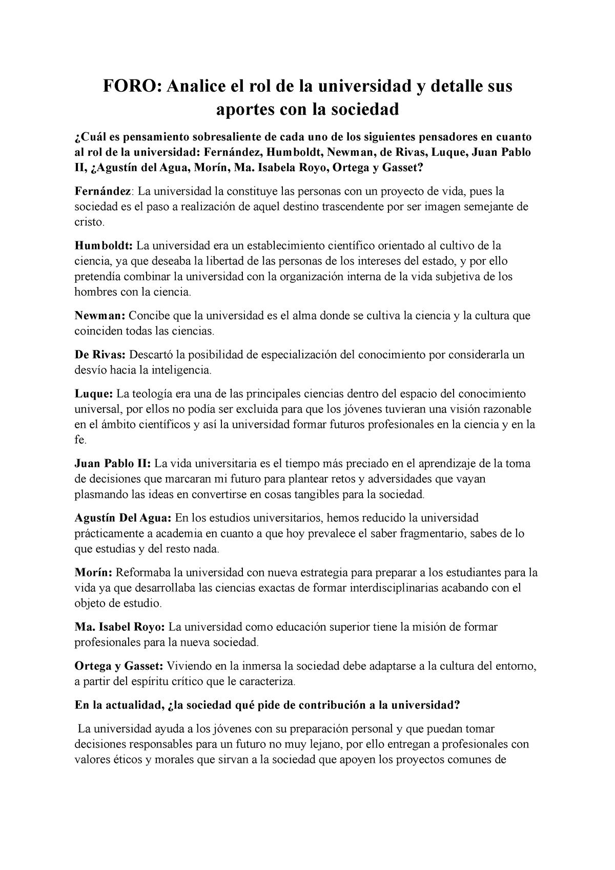 Humanismos Tarea 1 - Foros - FORO: Analice El Rol De La Universidad Y ...