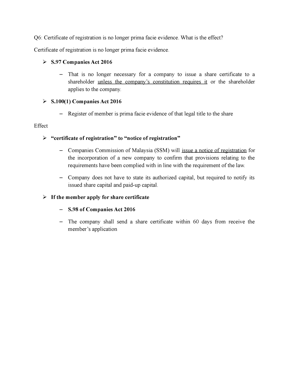 Company Law II Certificate of registration Tutorial Question - StuDocu