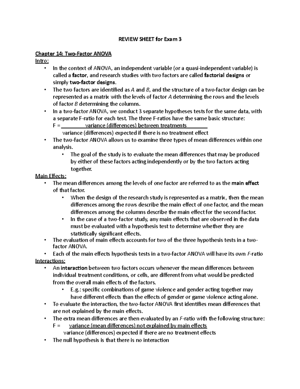 Review Sheet for Exam 3 - REVIEW SHEET for Exam 3 Chapter 14: Two ...