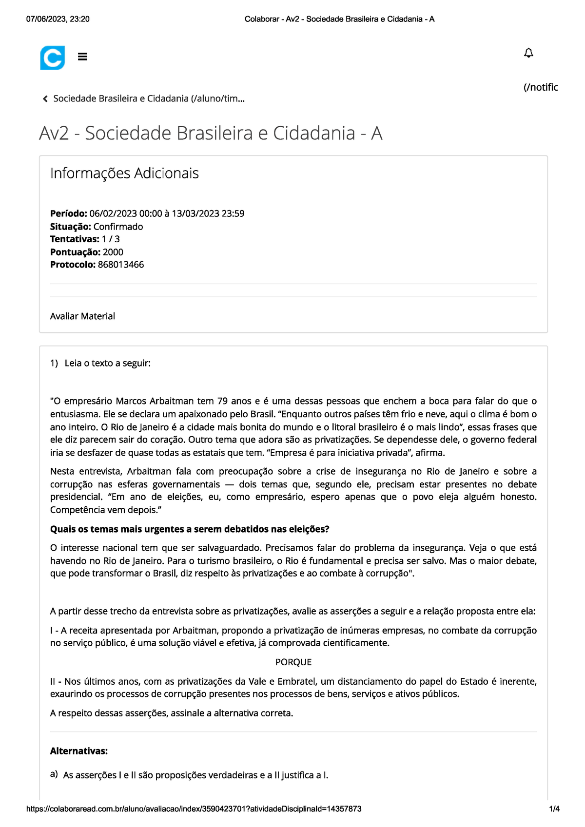 Av2 - Sociedade Brasileira E Cidadania - A - Administração - 1º ...