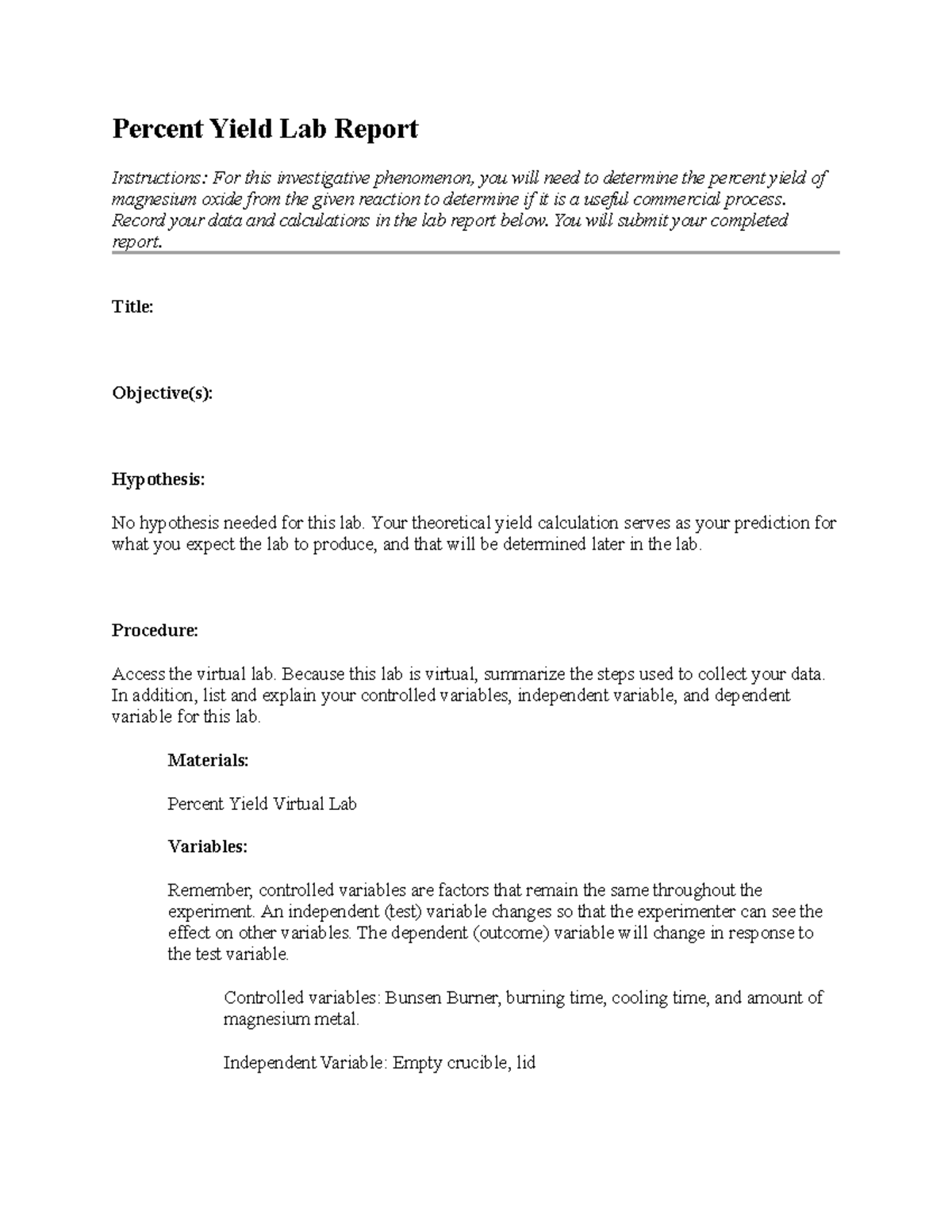 05 06 lab report - Lab for Ideal Gas - Percent Yield Lab Report ...