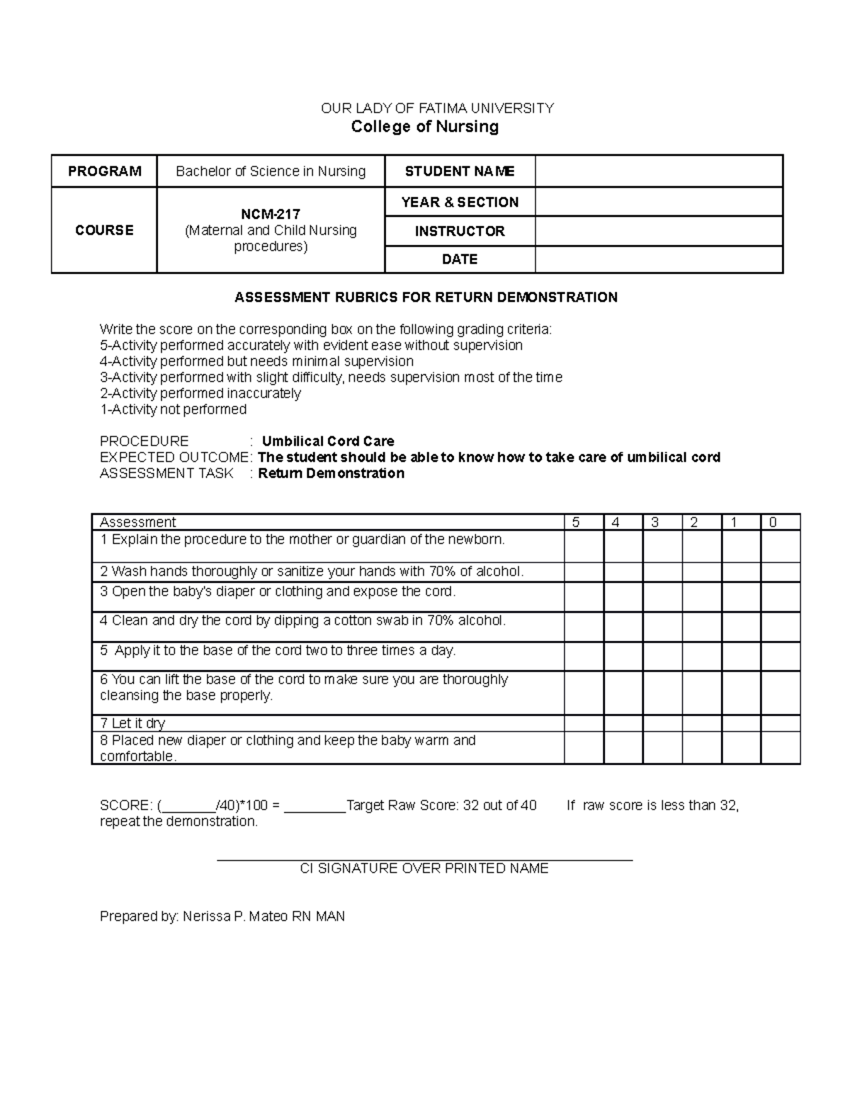 Rubrics Umbilical Cord Care - OUR LADY OF FATIMA UNIVERSITY College of ...