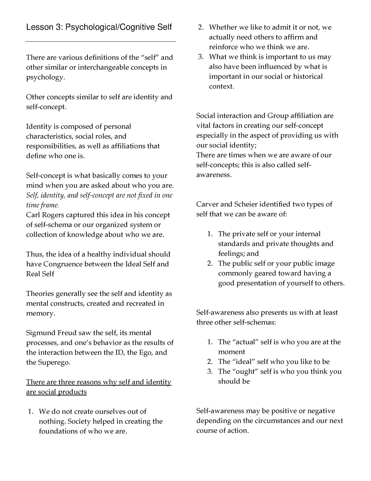 Understanding the Self Lesson 3 - Lesson 3: Psychological/Cognitive ...