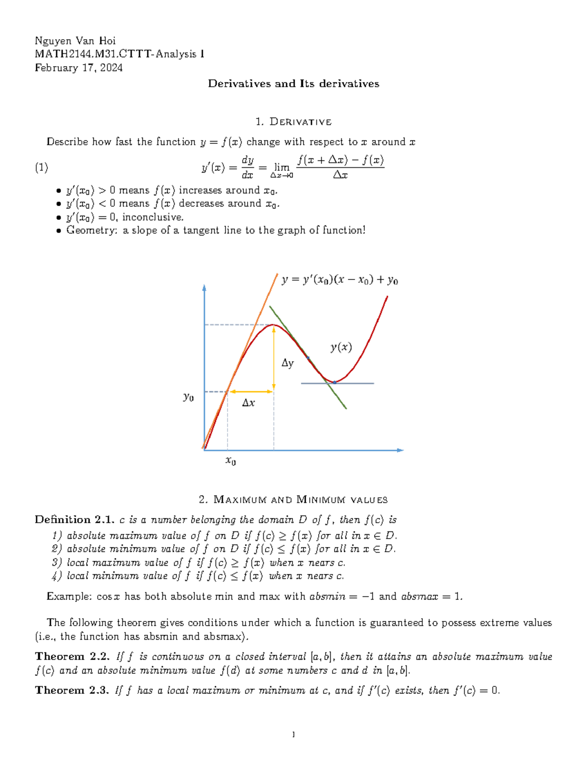 Derivatives - Nguyen Van Hoi MATH2144.M31-Analysis I February 17, 2024 ...