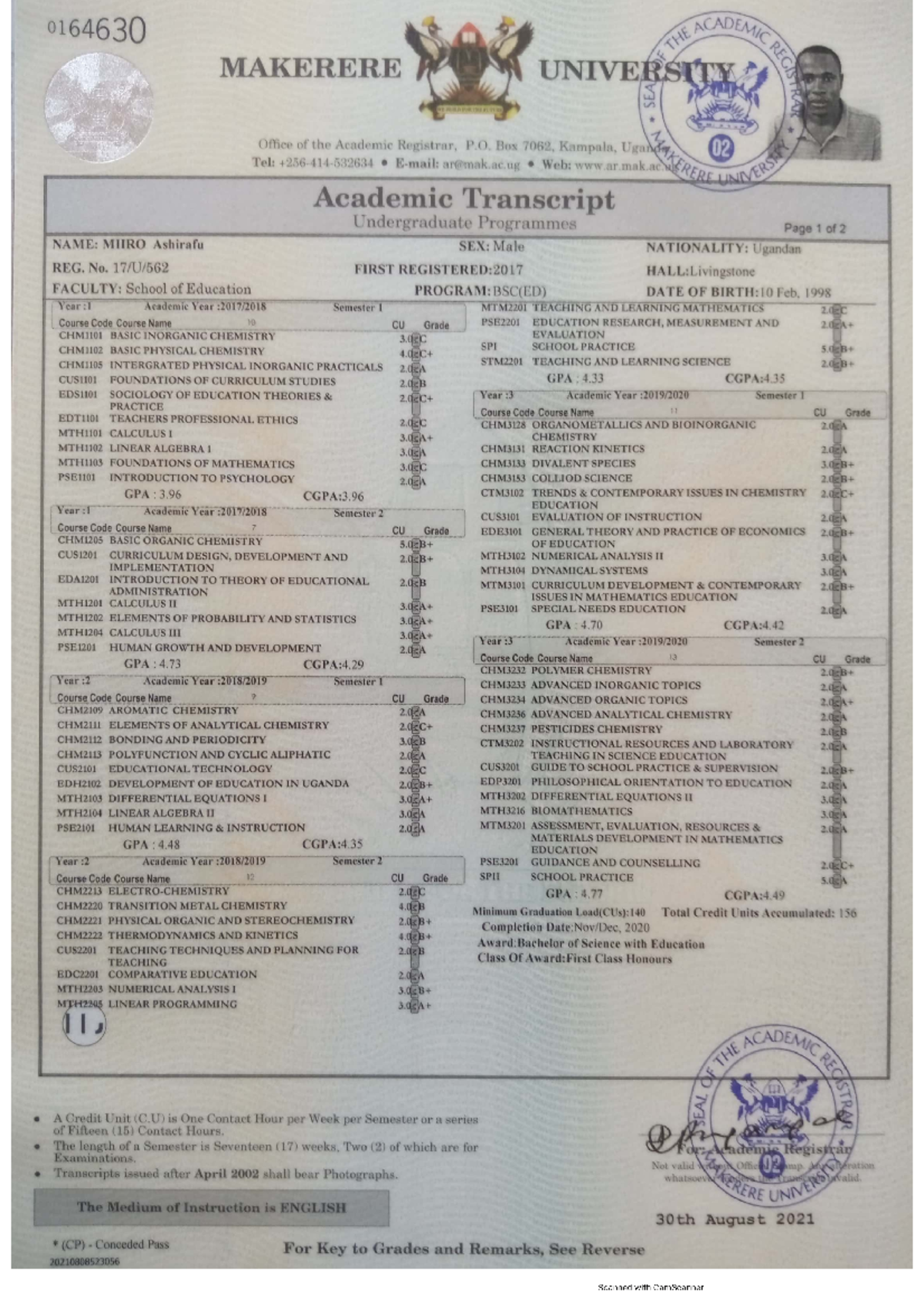Academic Transcript Miiro Makerere university - Bachelor of science ...