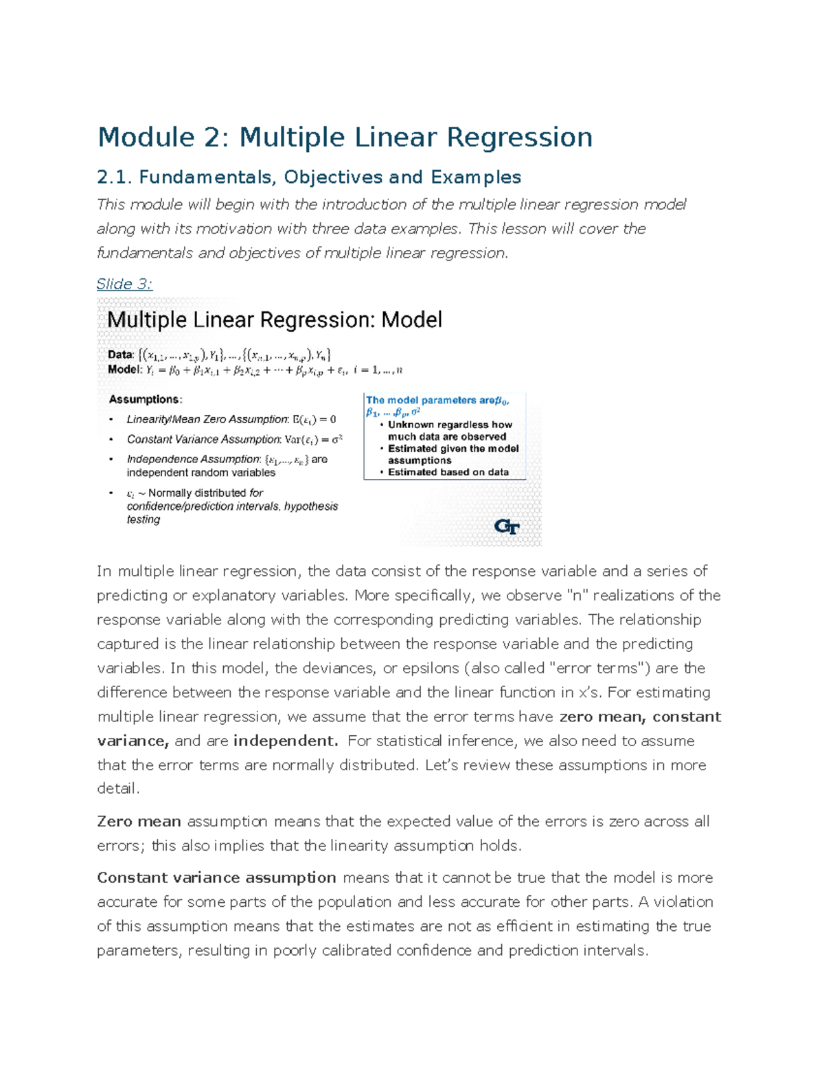 Module 2 Transcripts v3 pg1-5 lecture notes - Module 2: Multiple Linear ...