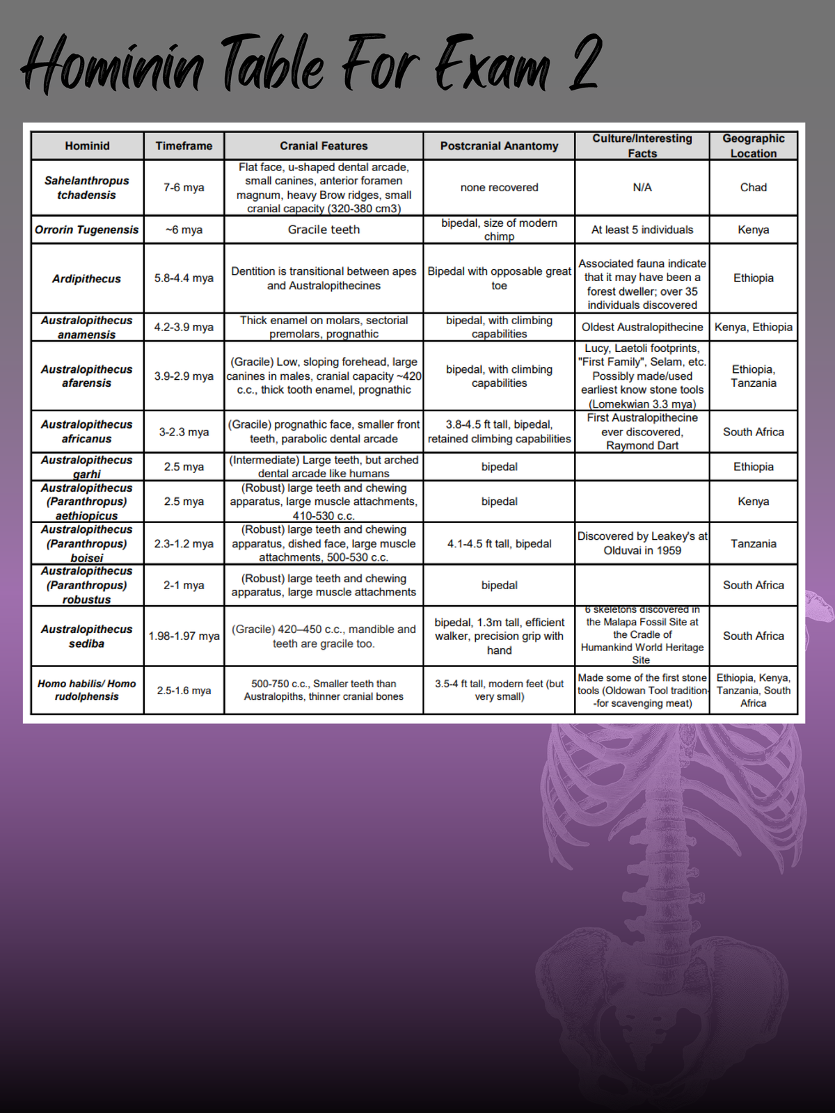 Hominin Table For Exam 2 - ANTH 102 - Hominin Table For Exam - Studocu