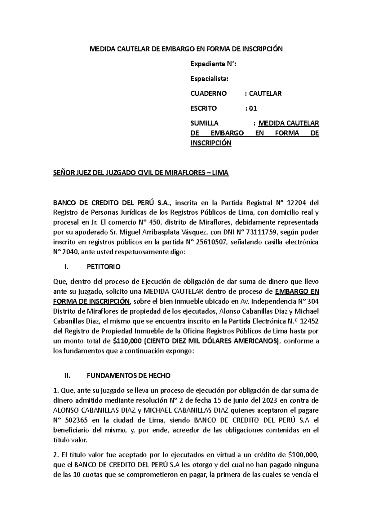 Medida Cautelar DE Embargo EN Forma DE Inscripción 222 - MEDIDA ...