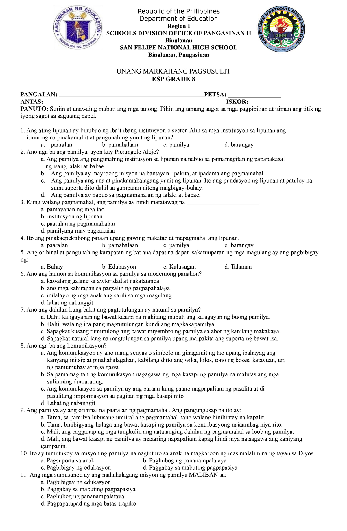 Esp8-q1-exam - TEST - UNANG MARKAHANG PAGSUSULIT ESP GRADE 8 PANGALAN ...