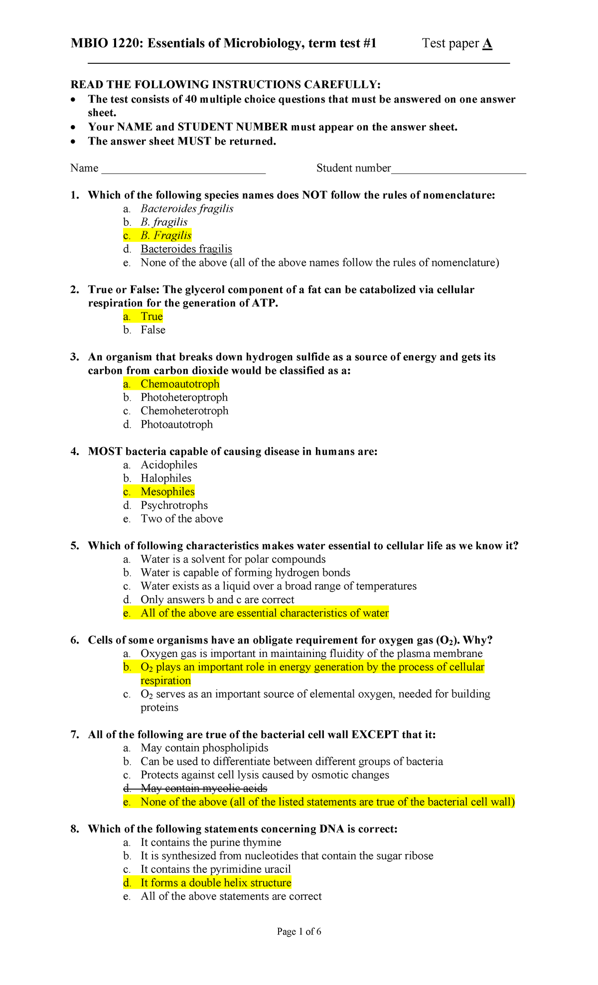 Test 1 2017, answers - MBIO 1220: Essentials of Microbiology, term test ...