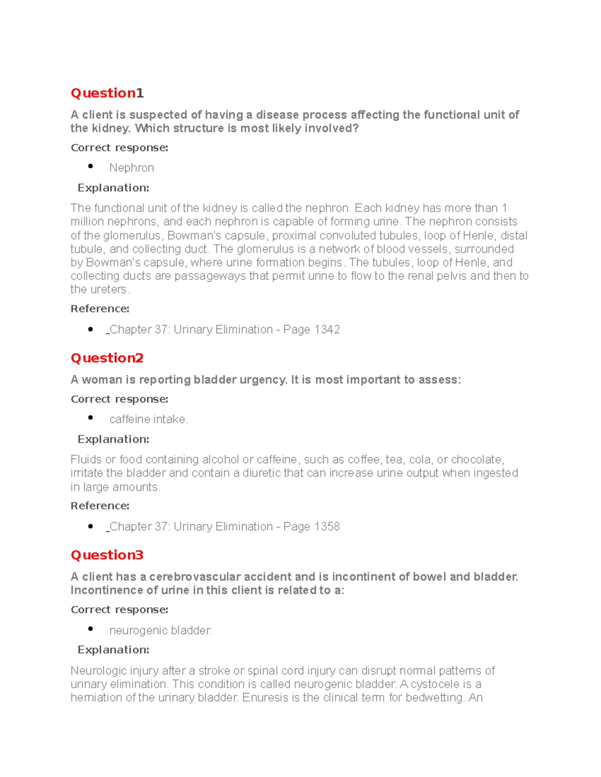 Chapter 37- Urinary Elimination Preparation For 3 QUiz - Question 1 A ...