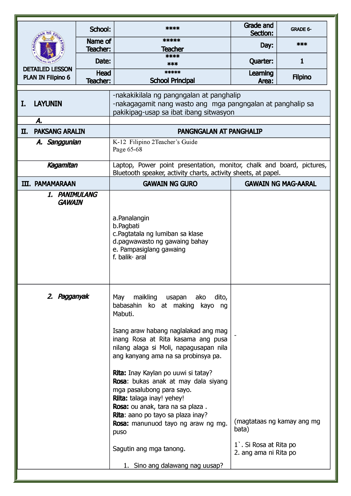 Copy Of Q1. Filipino 6 DLP - BSED - English - Studocu