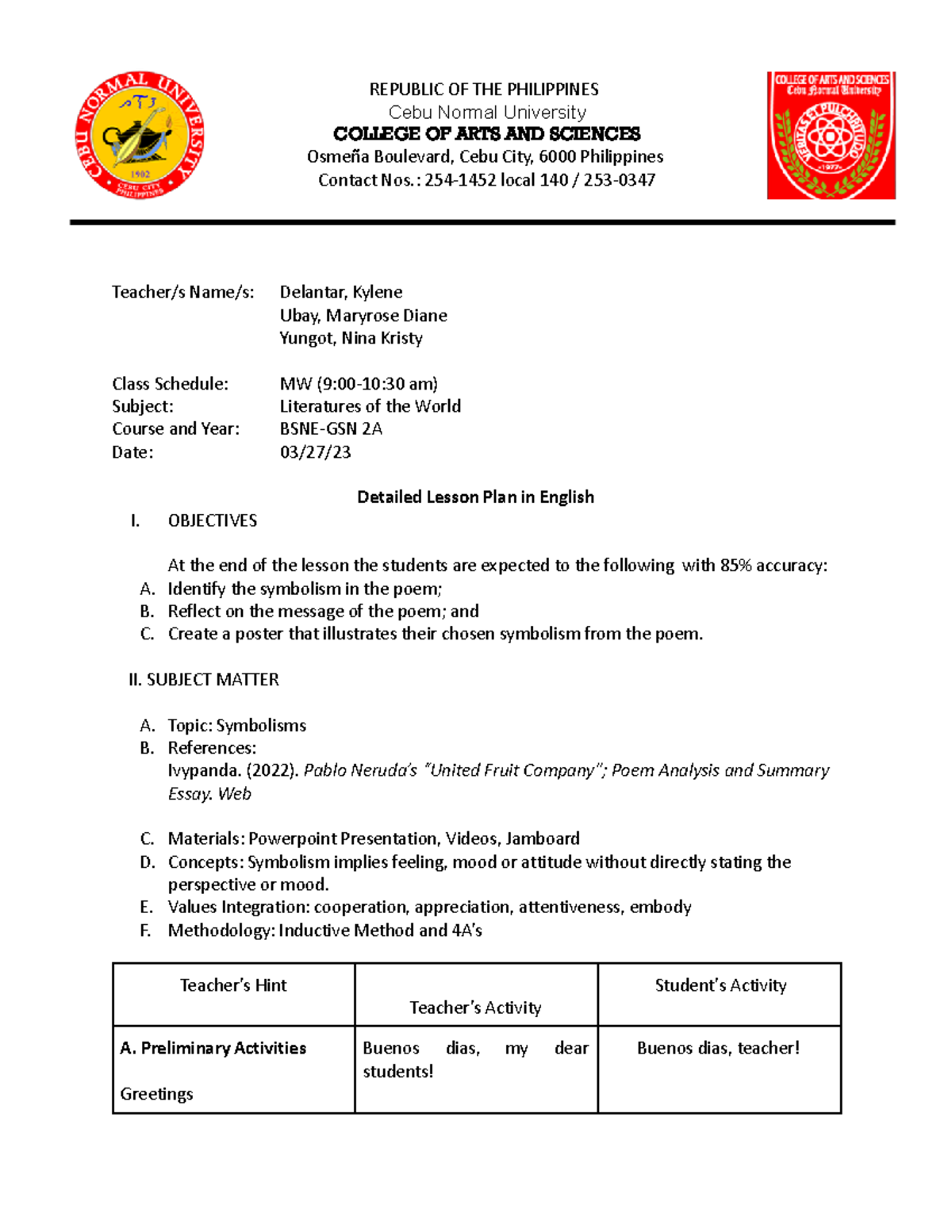 Detailed Lesson Plan in English - Cebu Normal University COLLEGE OF ...