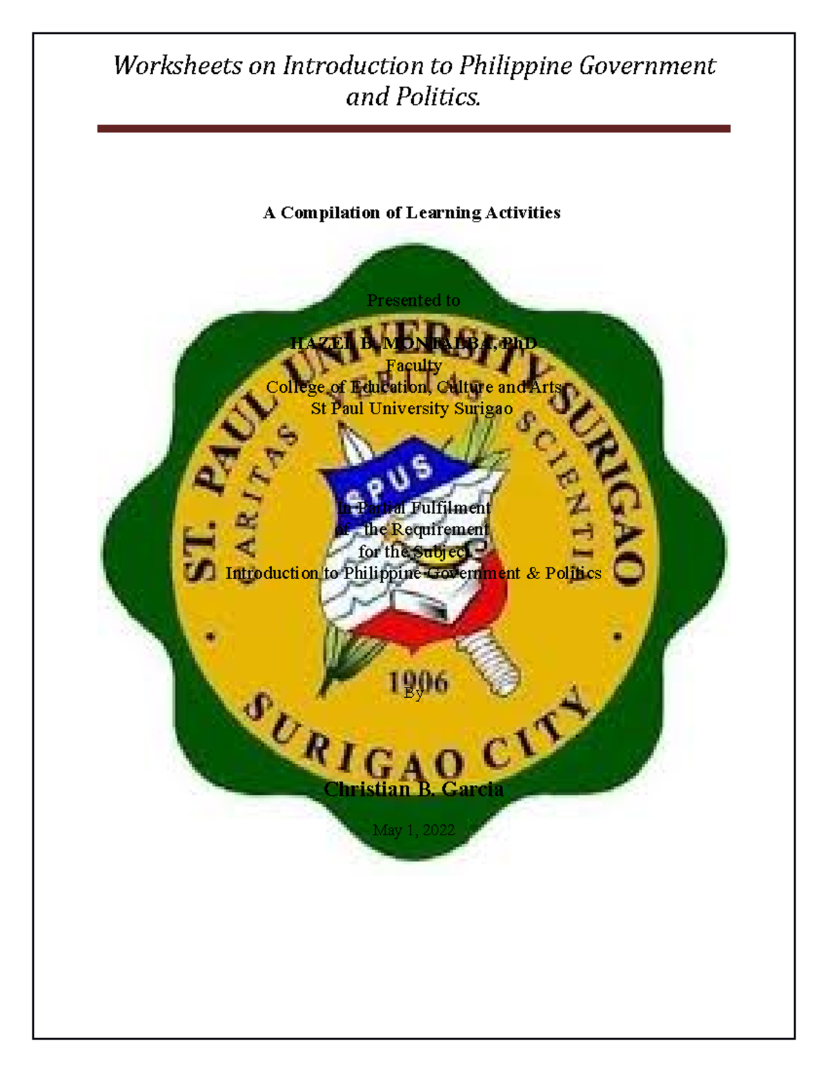 Worksheets On Introduction To Philippine Governmentand Politics By 