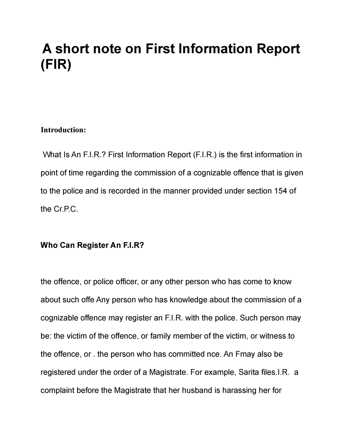 A Short Note On First Information Report A Short Note On First 