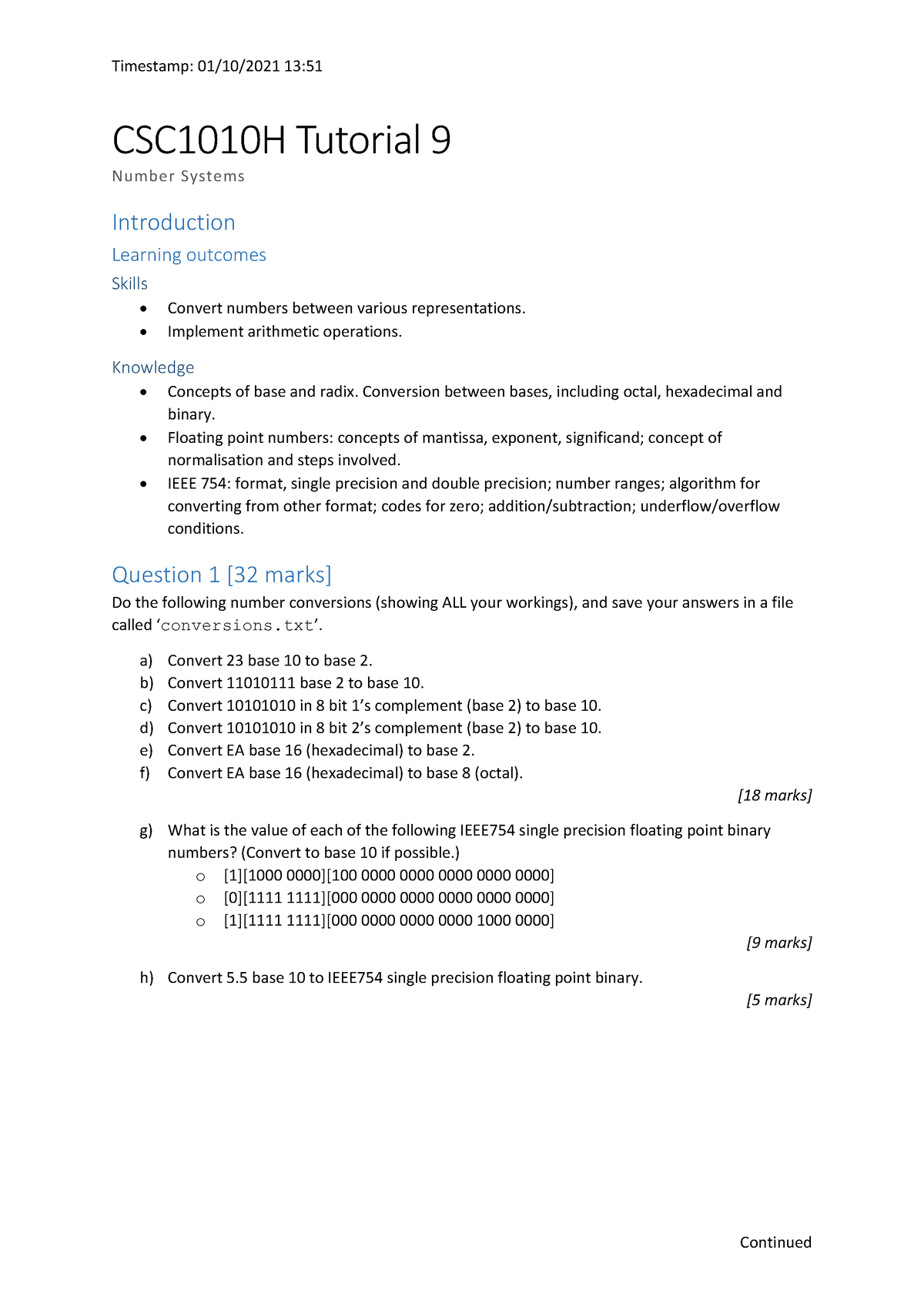 Assignment - Timestamp: 01/10/2021 13: Continued CSC1010H Tutorial 9 ...