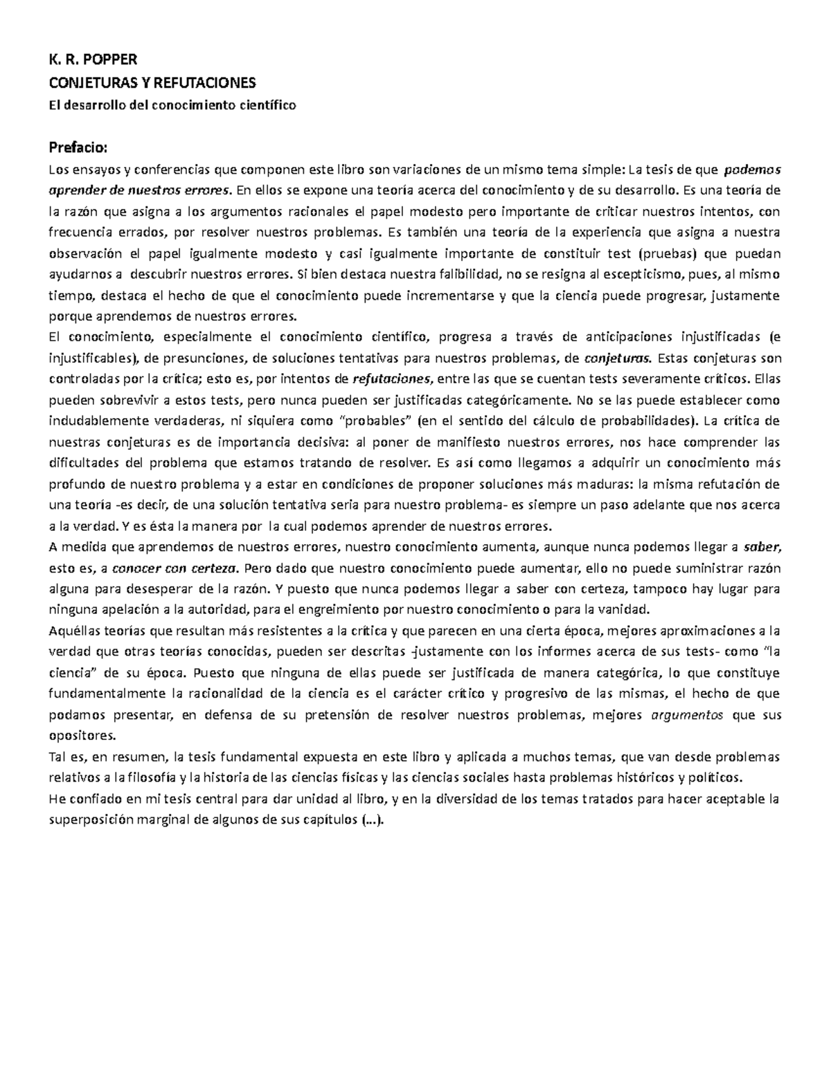 K. R. Popper Conjeturas y refutaciones Prefacio - K. R. POPPER ...