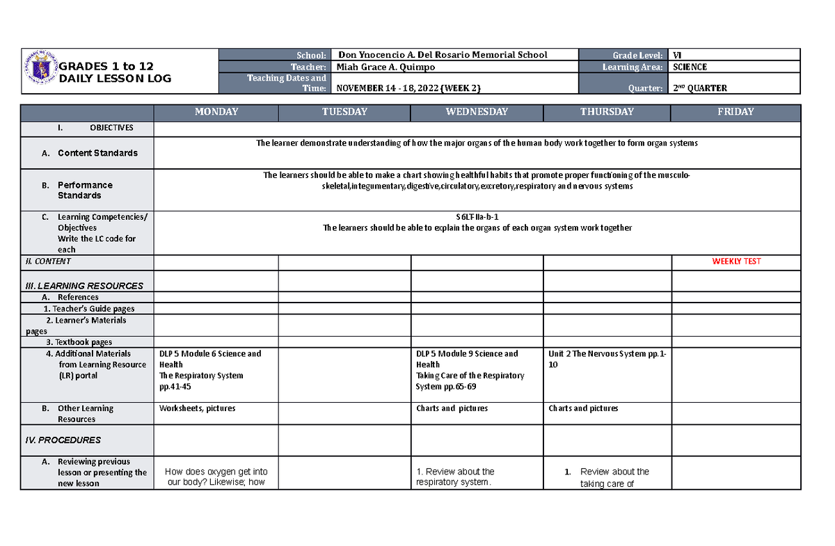 DLL Science 6 Q2 W2 - GRADES 1 to 12 DAILY LESSON LOG School: Don ...