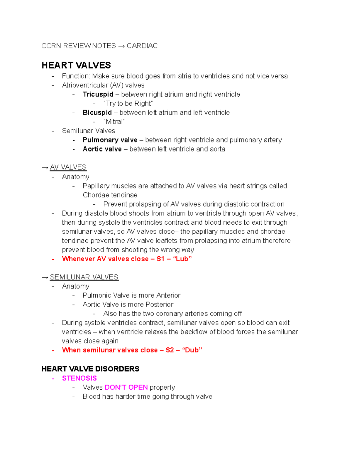 3. Cardiac Notes - CCRN REVIEW NOTES → CARDIAC HEART VALVES Function ...