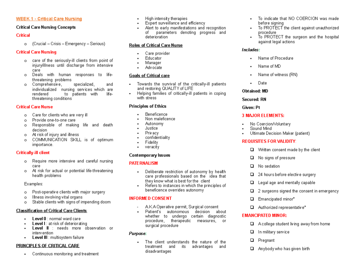 418- Notes - Hhhjj - WEEK 1 - Critical Care Nursing Critical Care ...