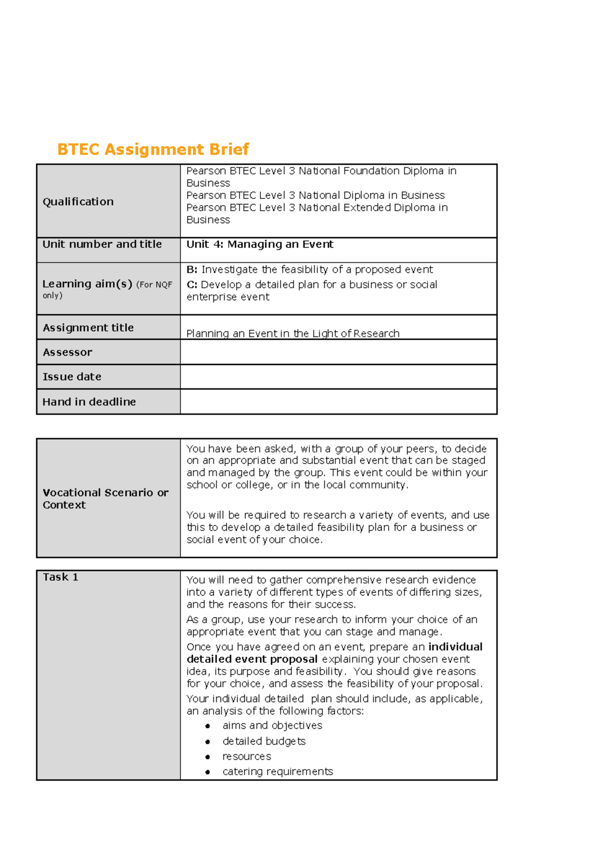 Managing AN Event Final - BTEC Assignment Brief Qualification Pearson ...