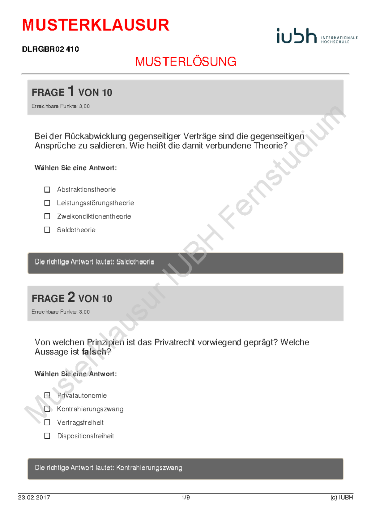 BGB 2 Musterklausur - FRAGE 1 VON 10 Erreichbare Punkte: 3, Bei Der ...