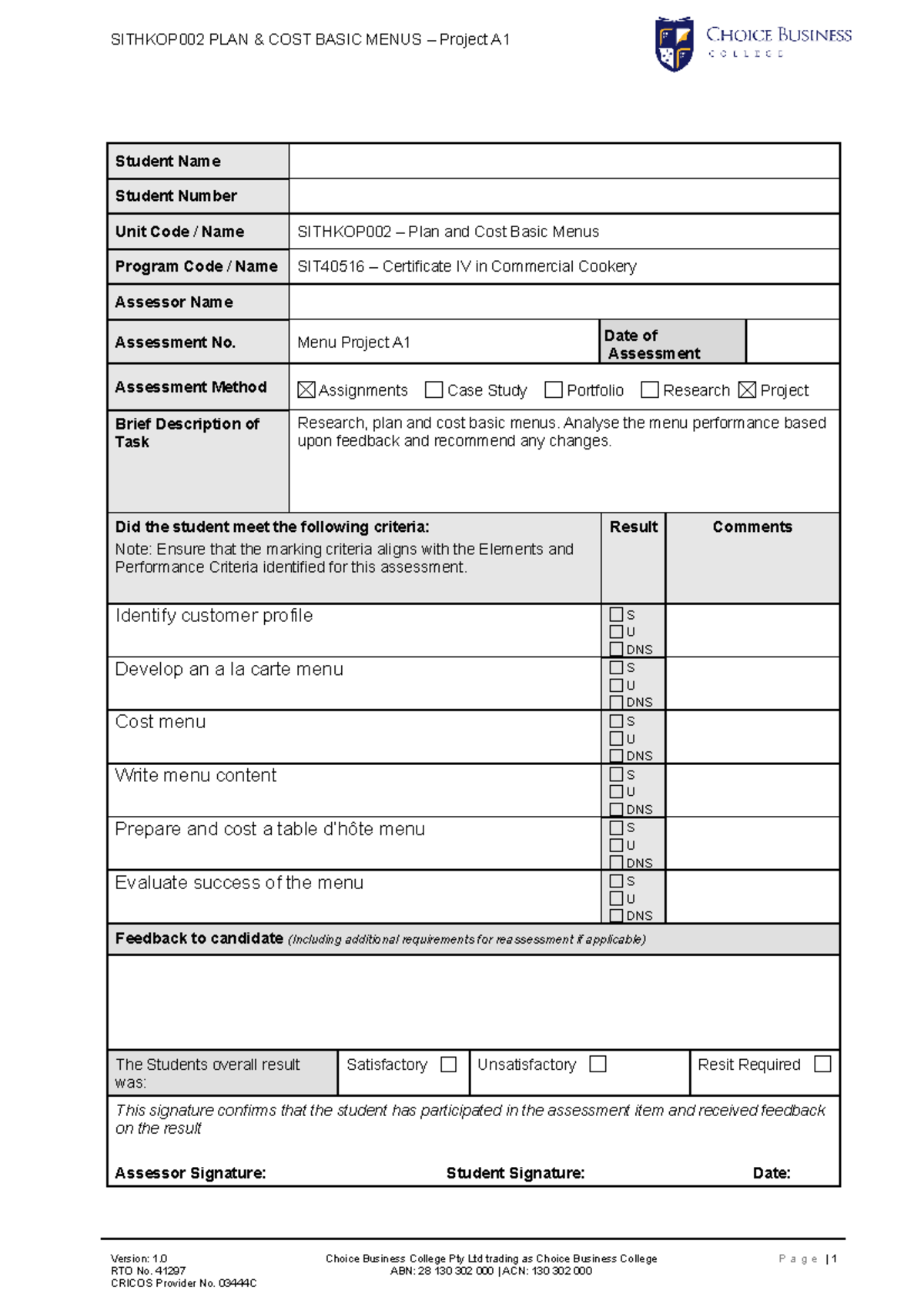 Assessment A1 - Menu Project - SITHKOP002 PLAN & COST BASIC MENUS ...