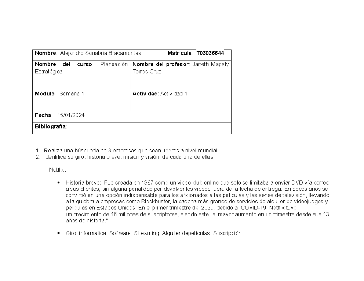 Actividad 1 Planeacion Estrategica - Nombre: Alejandro Sanabria ...