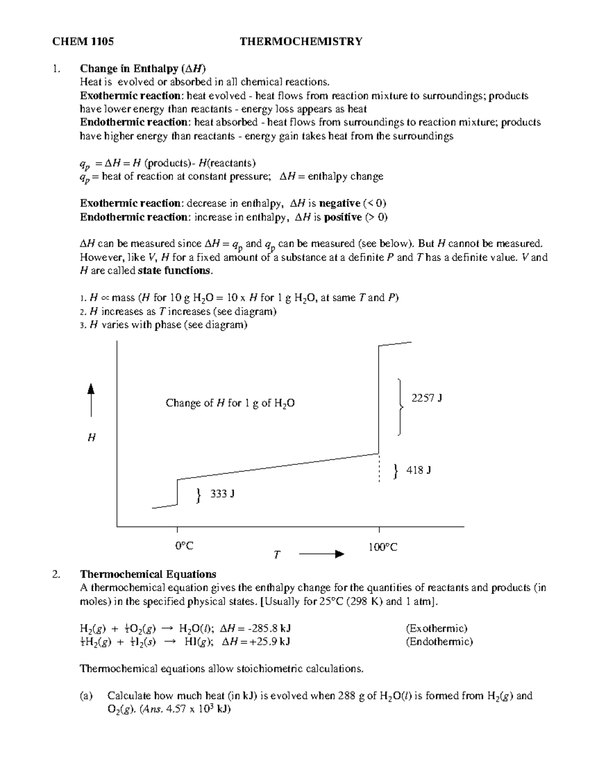 First Law of Thermochemistry - Lecture notes 4 - Change of Enthalpy and ...