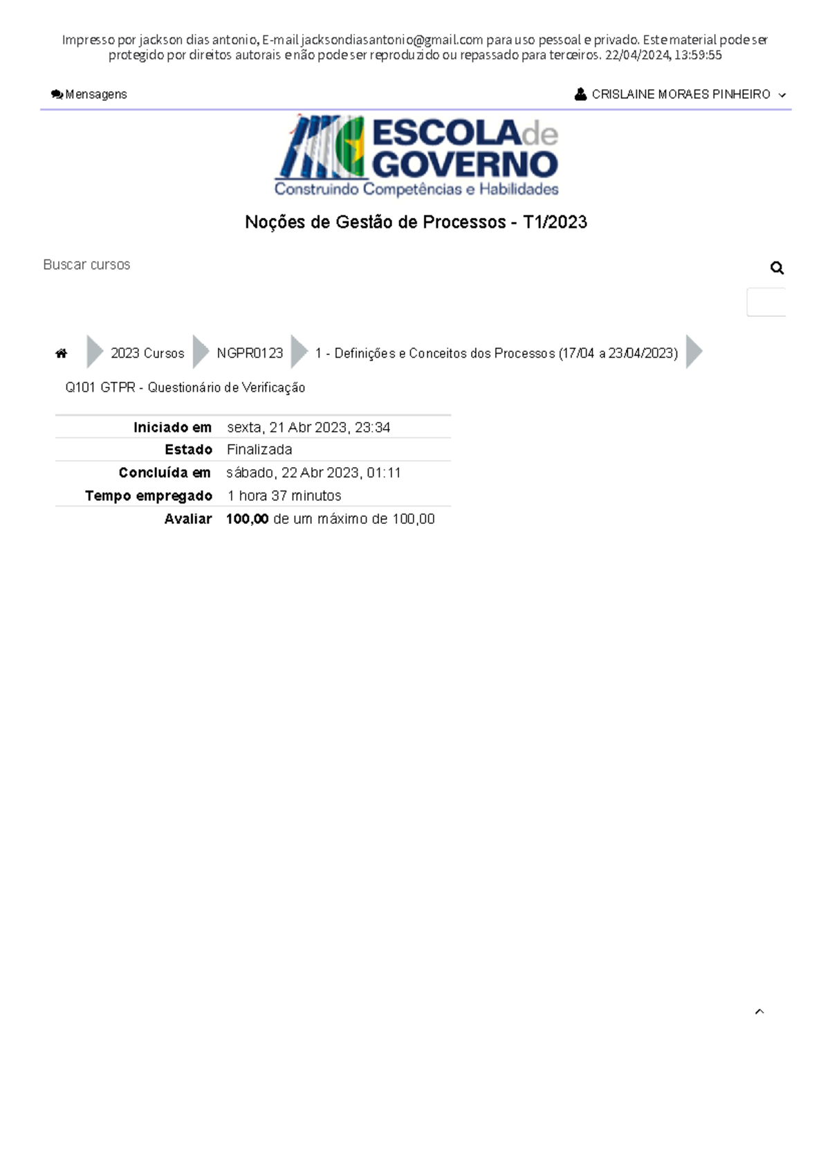Q101 GTPR - Questionário de Verificação Noções DE Gestão DE Processos ...