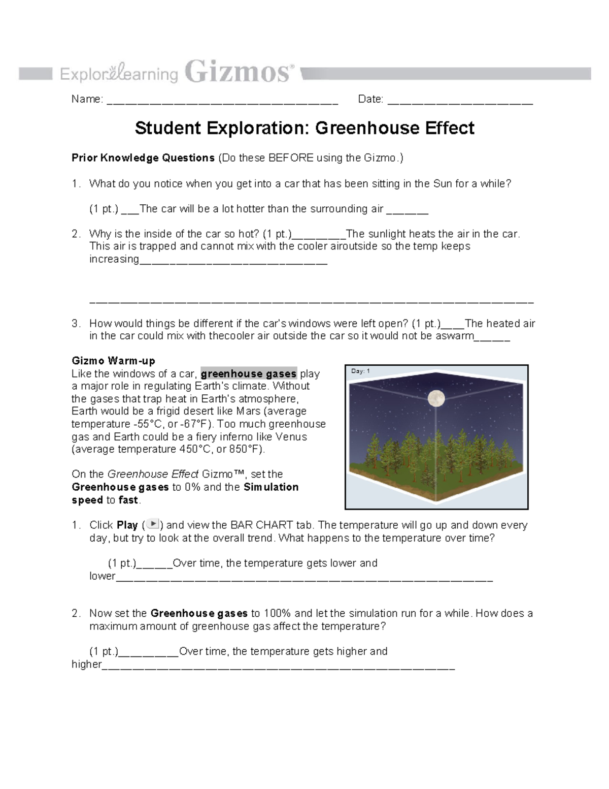 Copy of Greenhouse Effect Gizmo Worksheet Name