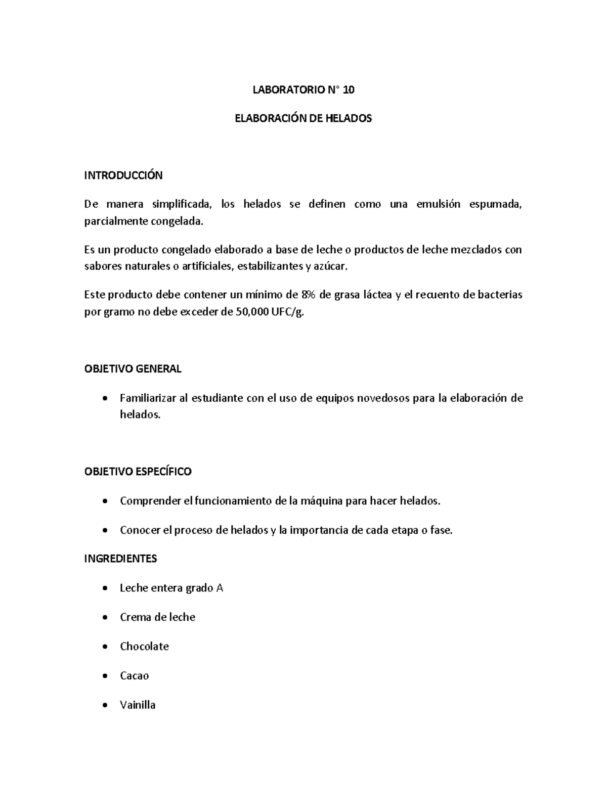 Laboratorio N° 10 Helado - LABORATORIO N∞ 10 ELABORACI”N DE HELADOS ...