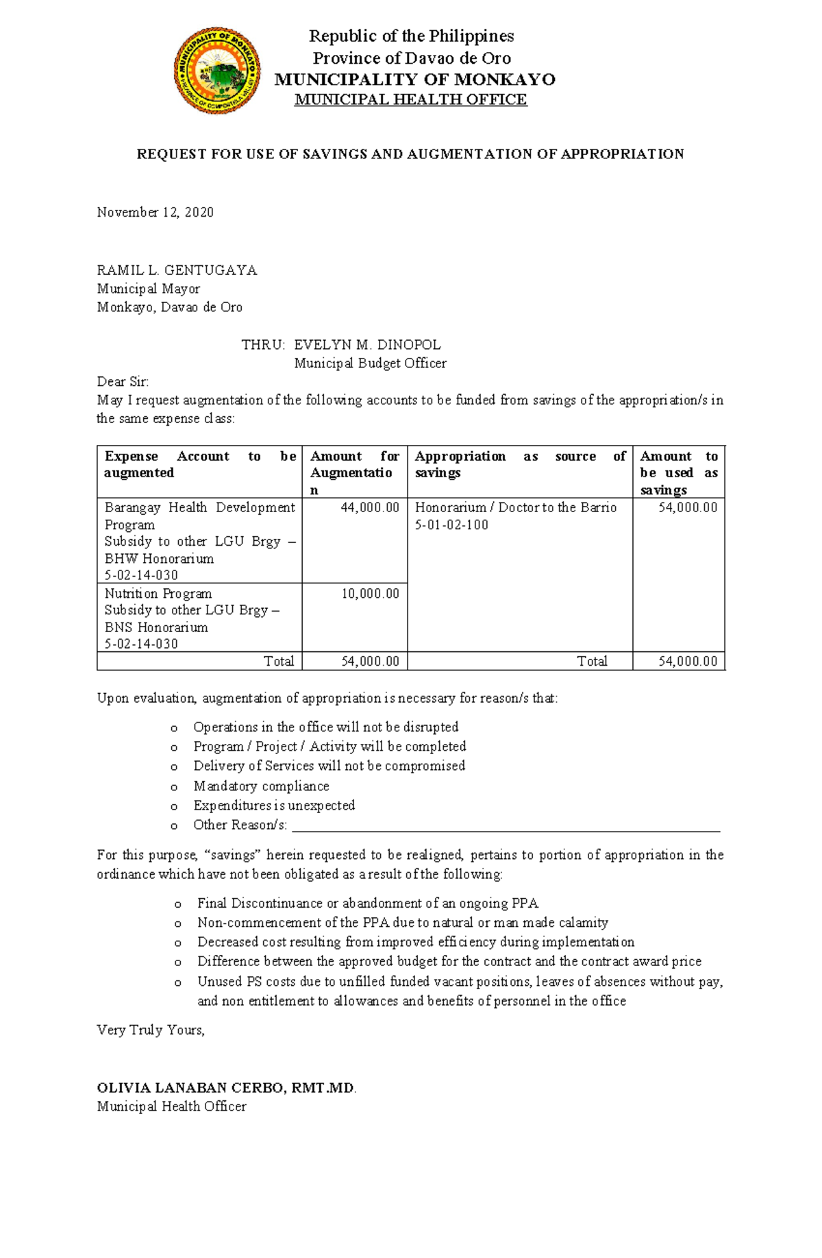 Budget Augmentation - Republic of the Philippines Province of Davao de ...