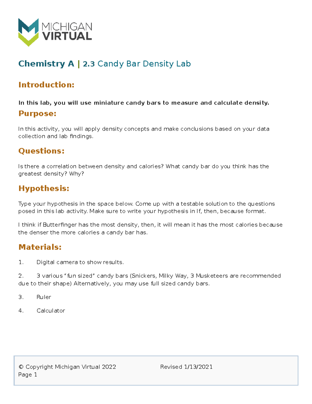 Chemistry A 2.3 Candy Bar Density Lab Finisheddd Chemistry A 2