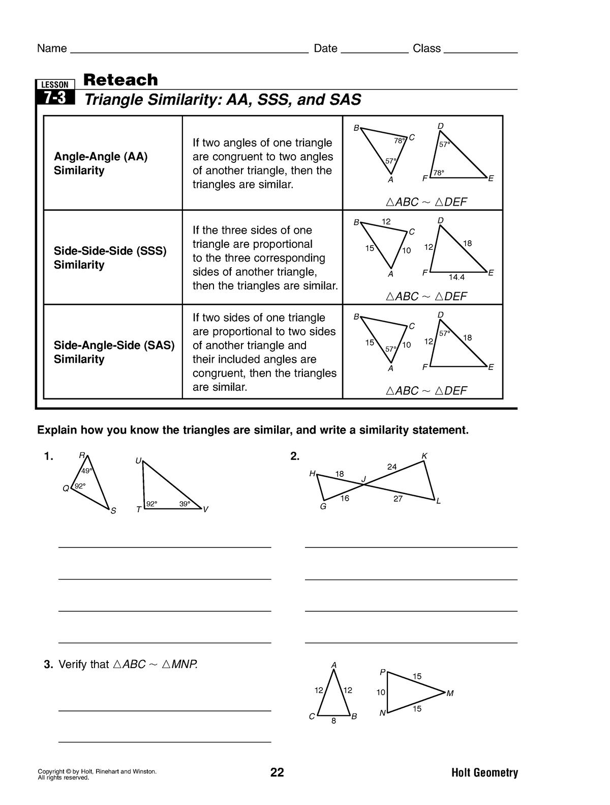 Geometry 7-3 HW RABP - knnn - Copyright © by Holt, Rinehart and Winston ...