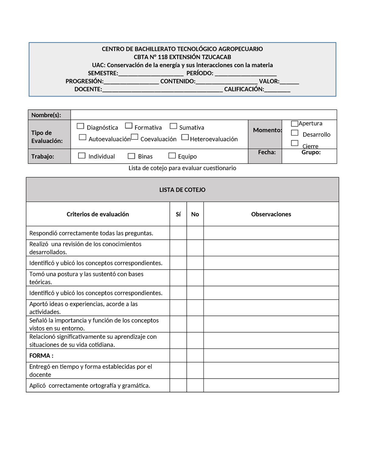 Instrumentos de evaluación progresión 3 - Nombre(s): Tipo de Evaluación ...