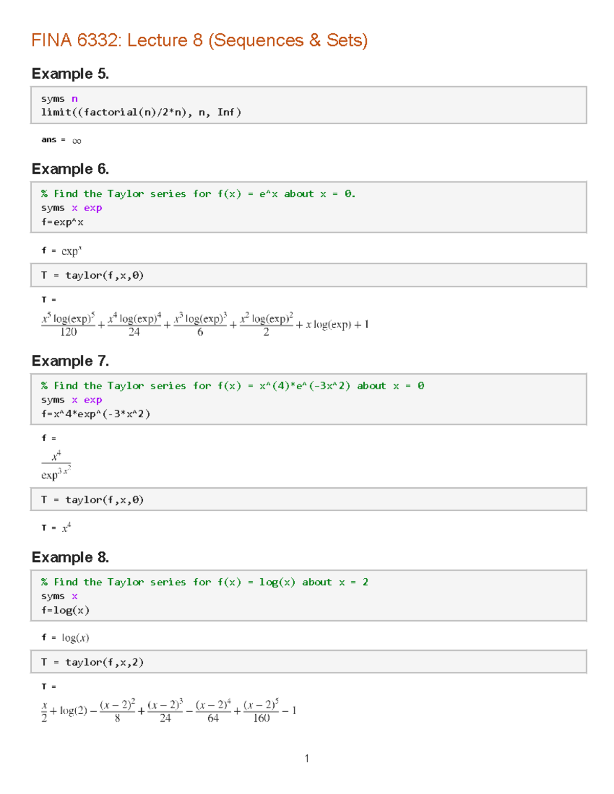 Lecture 8 Matlab - FINA 6332: Lecture 8 (Sequences & Sets) Example 5 ...