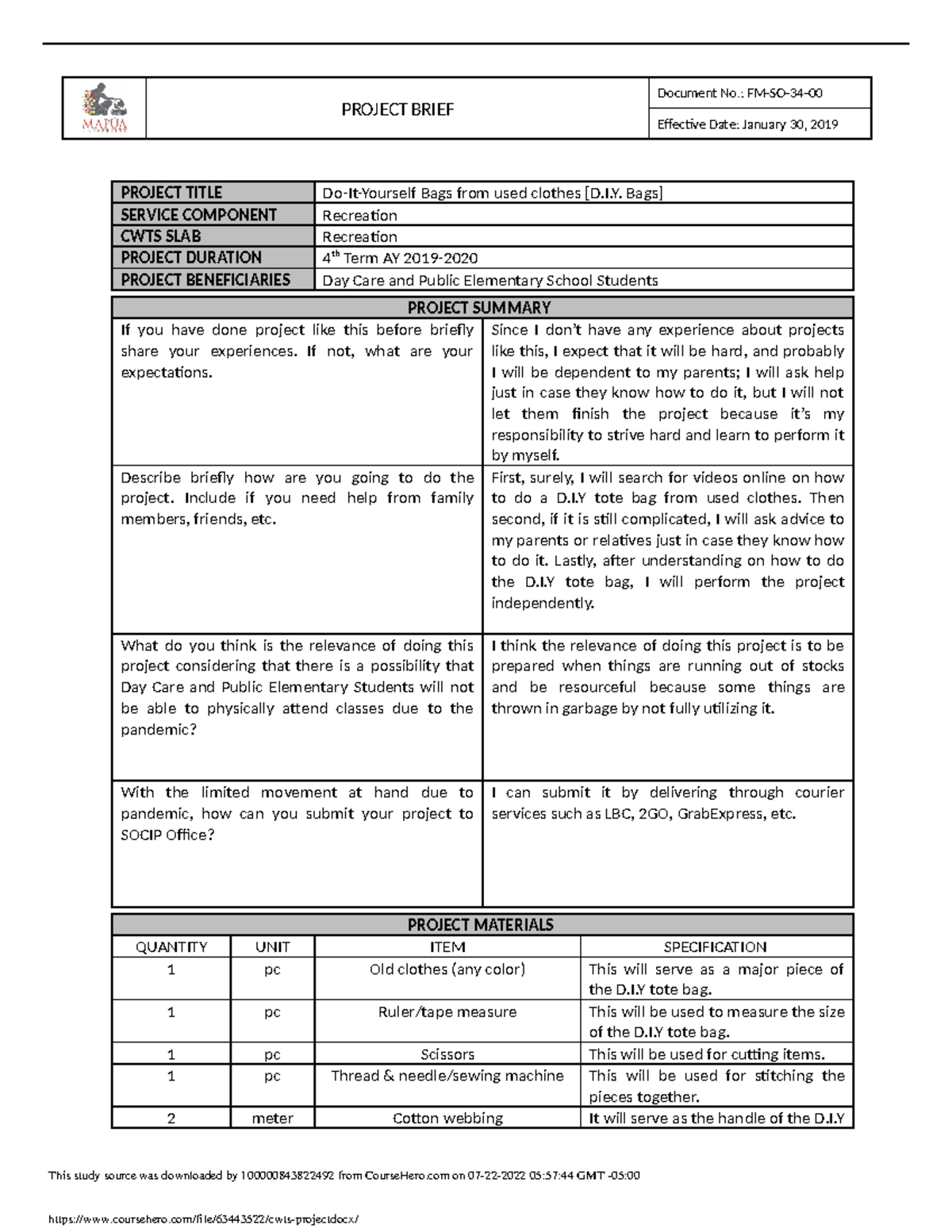 Cwts project - notes to help - PROJECT BRIEF Document No.: FM-SO-34 ...