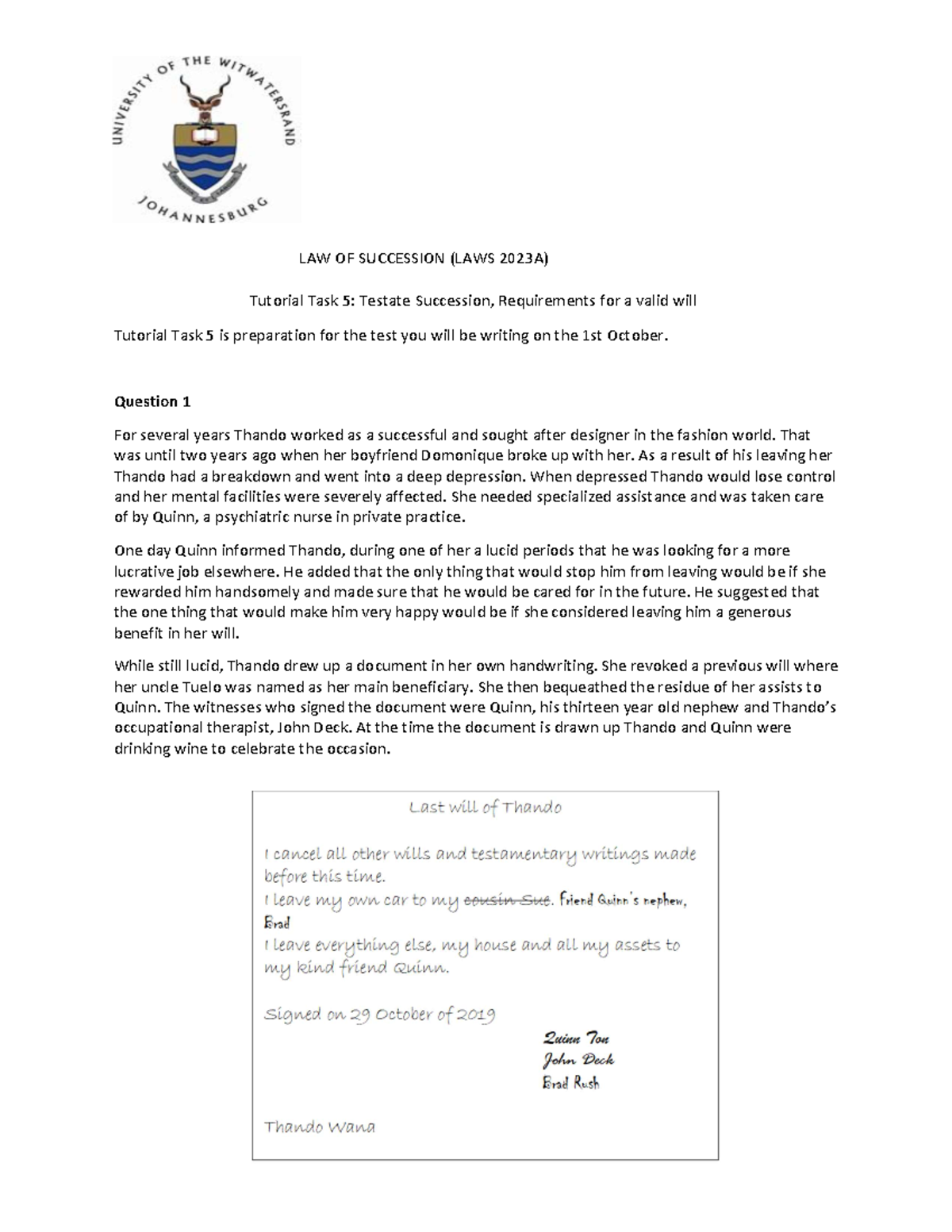 Tutorial Task 5 Testate Succession - LAW OF SUCCESSION (LAWS 2023A ...