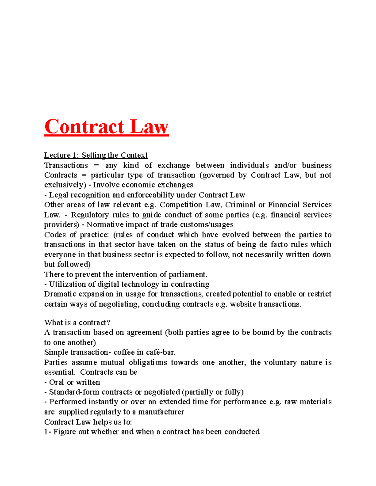 LAW 002 v01 - Lecture notes 1 - Contract Law Lecture 1: Setting the ...