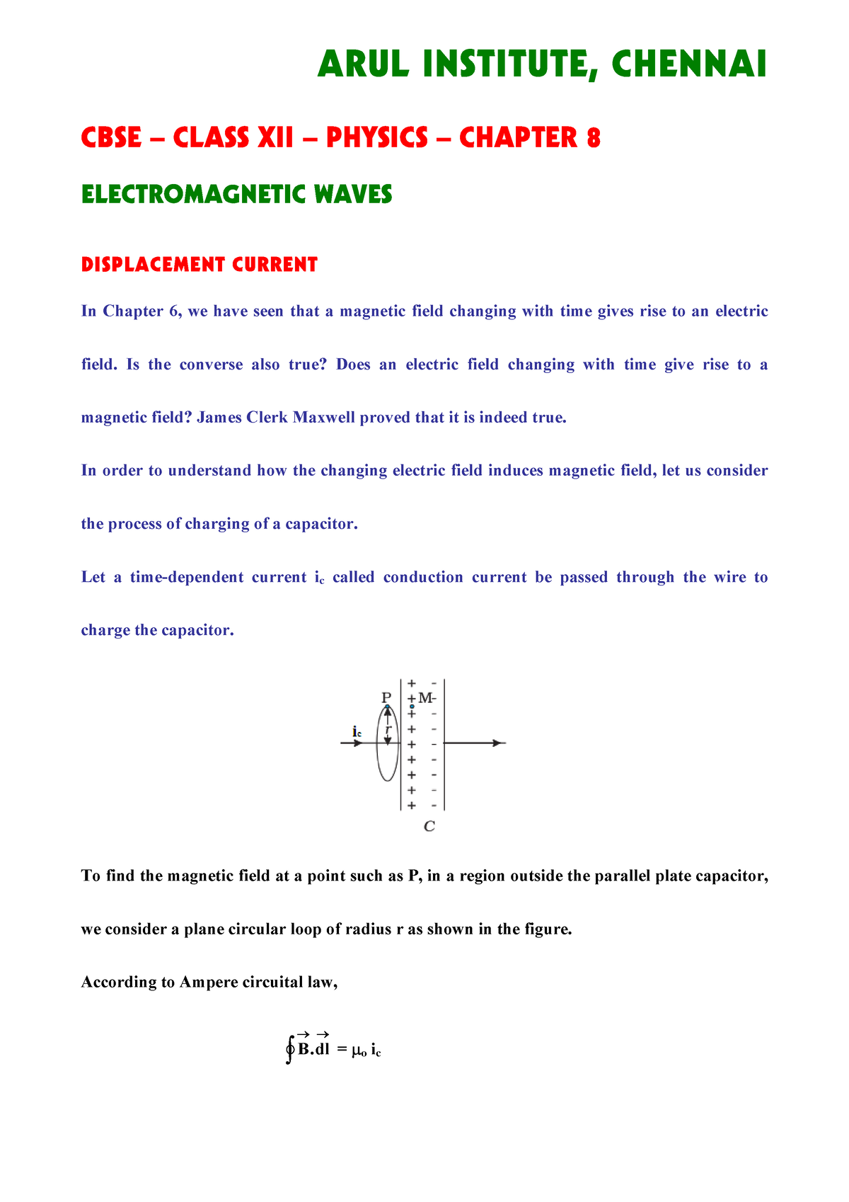 Physics Chapter 8-1 - CBSE – CLASS XII – PHYSICS – CHAPTER 8 ELECTROMAGNETIC WAVES DISPLACEMENT ...