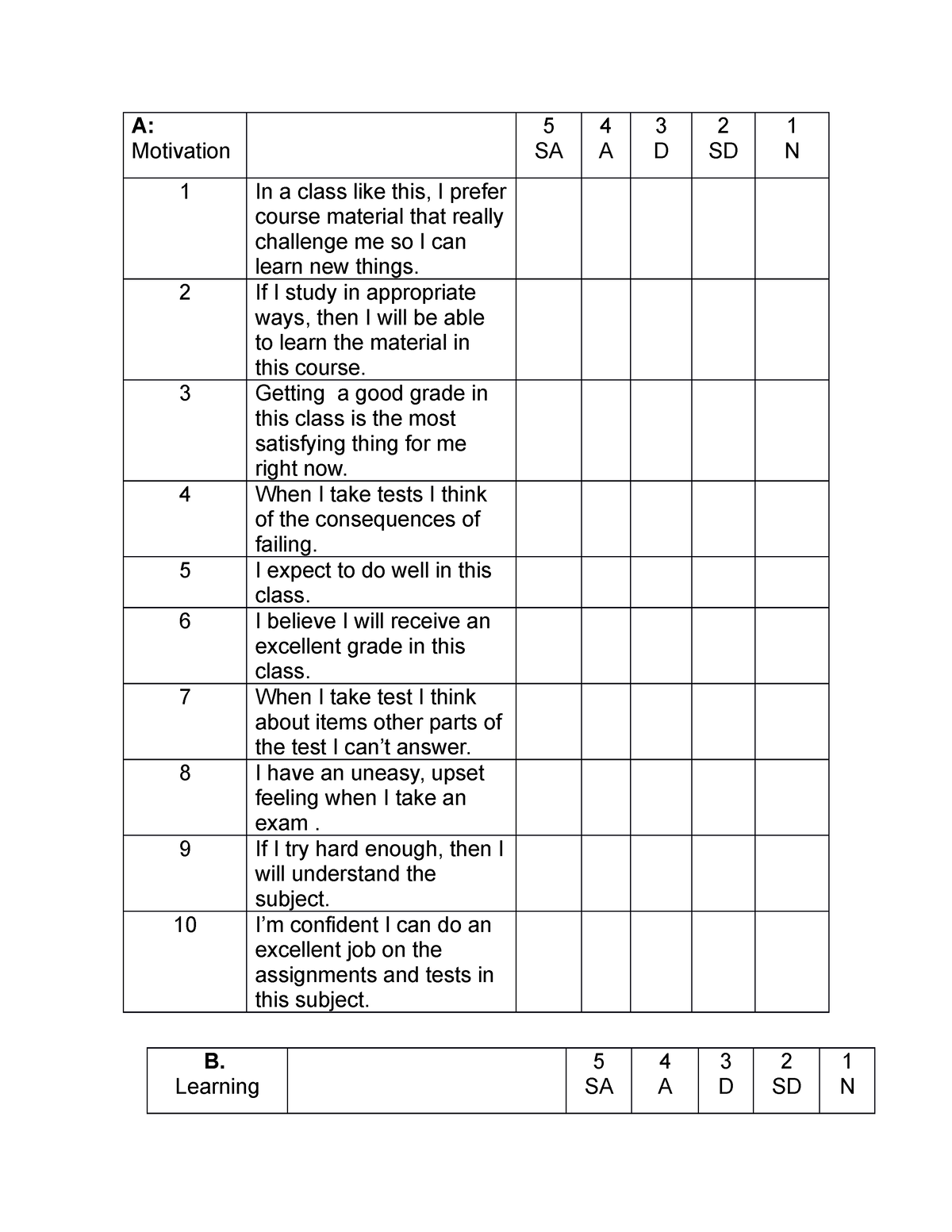 Sqsurvey- Questionare-FULL - A: Motivation 5 SA 4 A 3 D 2 SD 1 N 1 In a ...