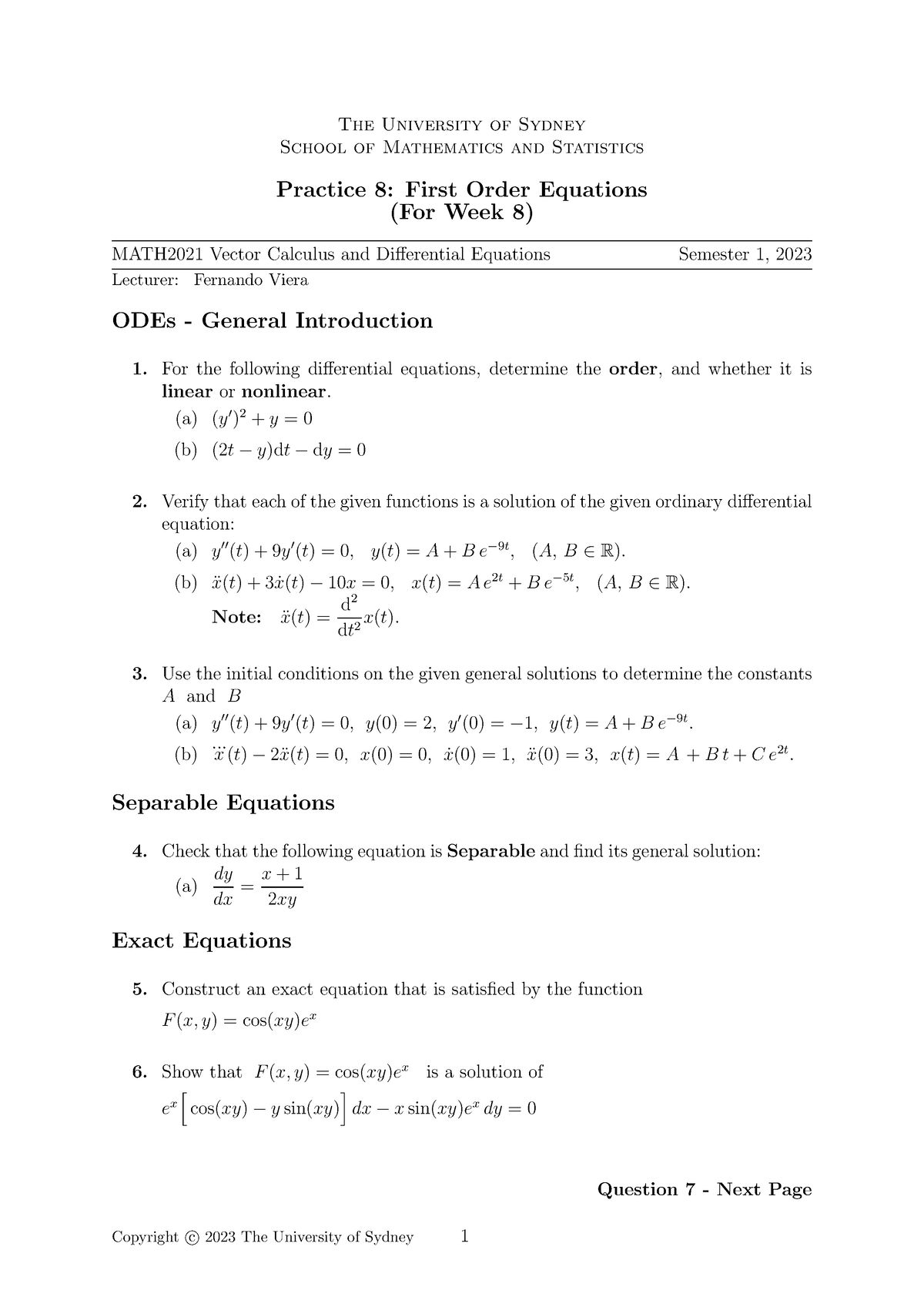 Practice-8 - Vector calculus and Differential equation (Math 2021) 8 ...