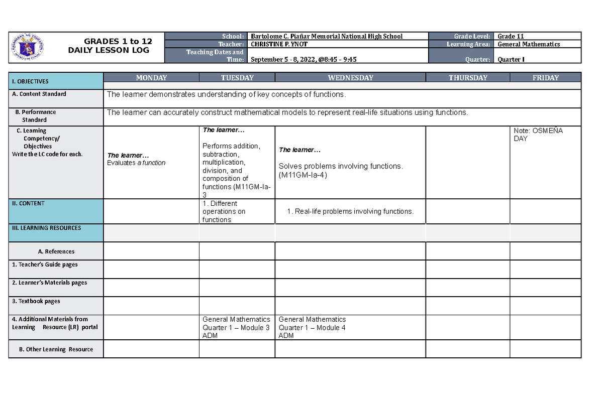DLL-Gen Math Q 1-W2 - General Mathematics - GRADES 1 to 12 DAILY LESSON ...