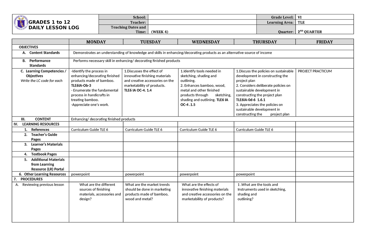 DLL TLE 6 Q2 W4 - for reference - GRADES 1 to 12 DAILY LESSON LOG ...