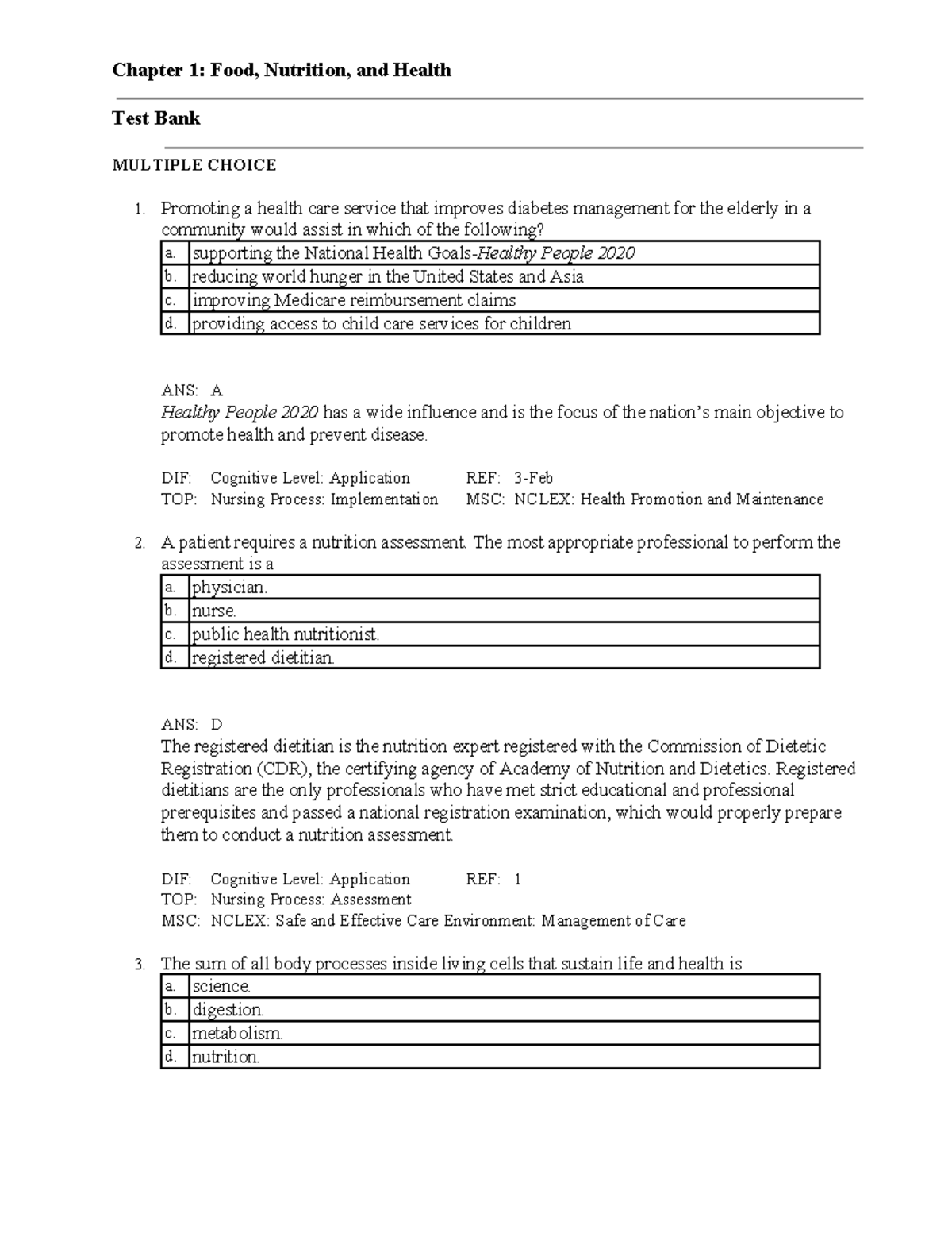 Exam preparation - Chapter 1: Food, Nutrition, and Health Test Bank ...