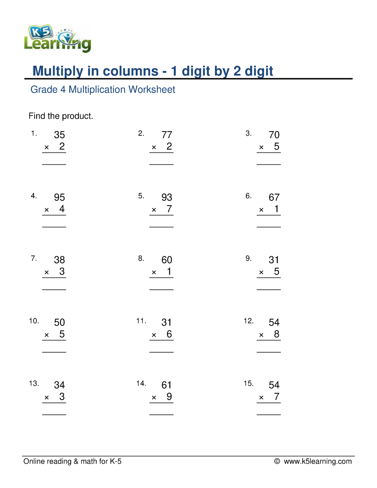 Grade 4 multiply columns 1 digit 2 digit e - Online reading & math for ...