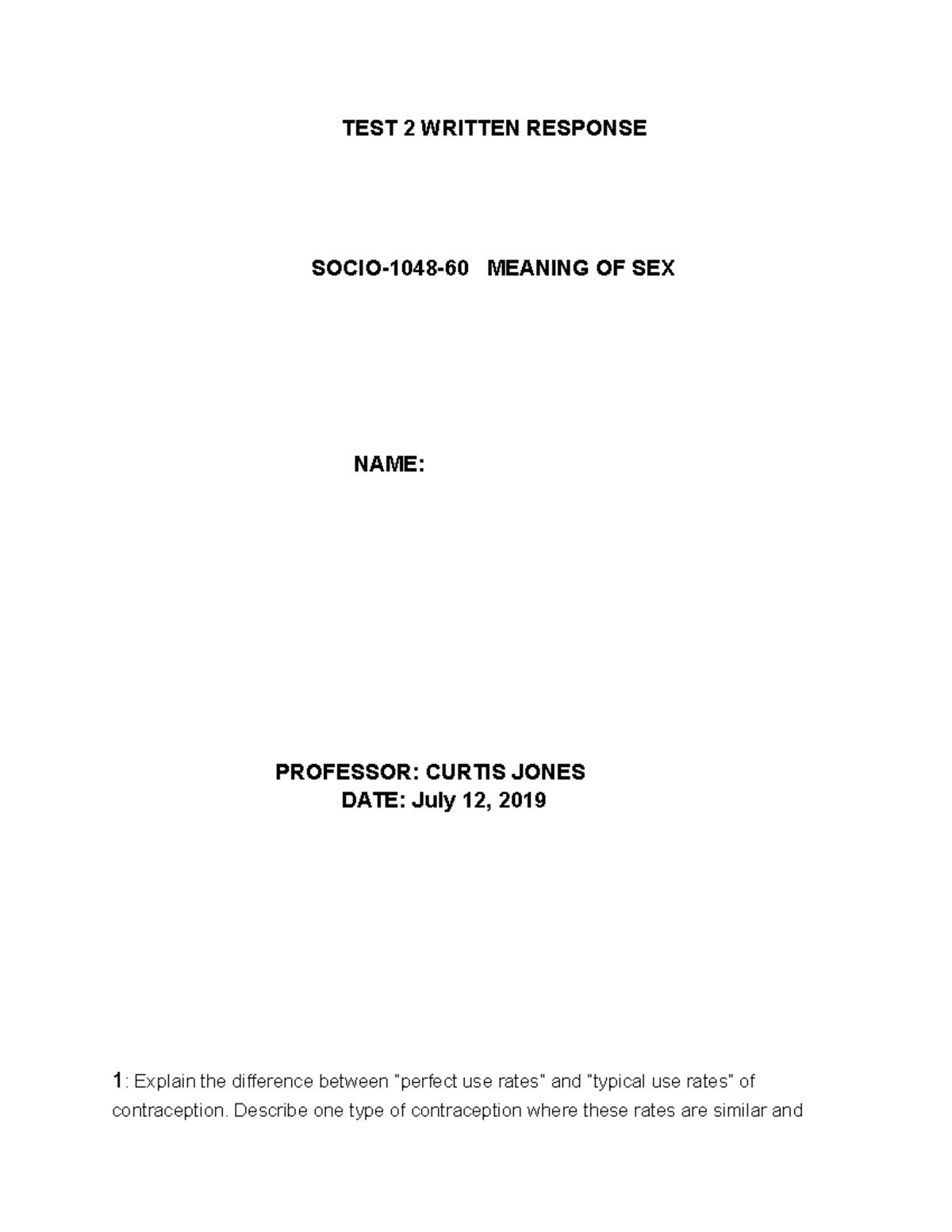 Written Response Test 2 Written Response Socio 1048 60 Meaning Of Sex Name Professor Curtis 1617