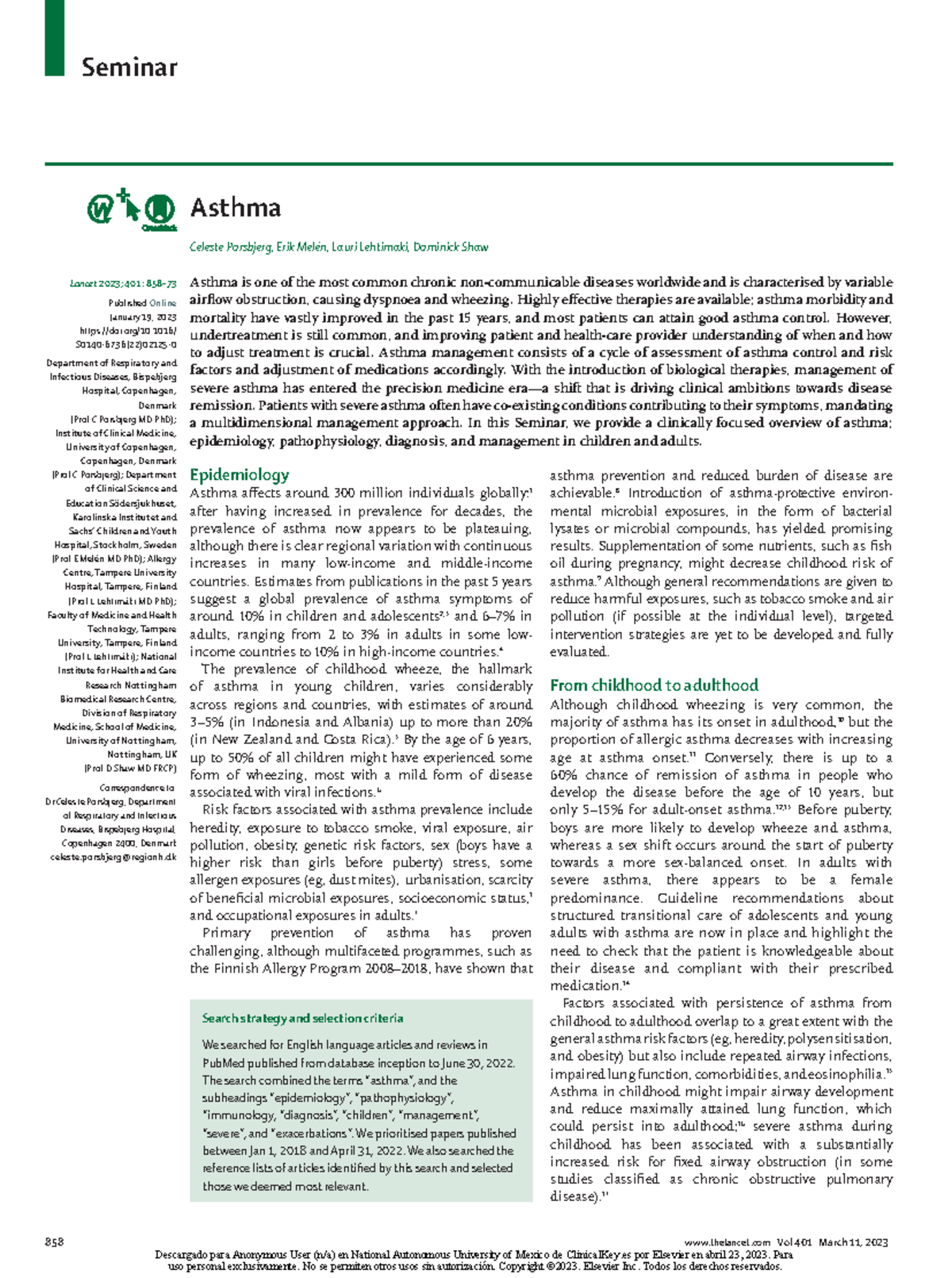 Asthma. The Lancet 858 thelancet Vol 401 March 11, 2023 Asthma